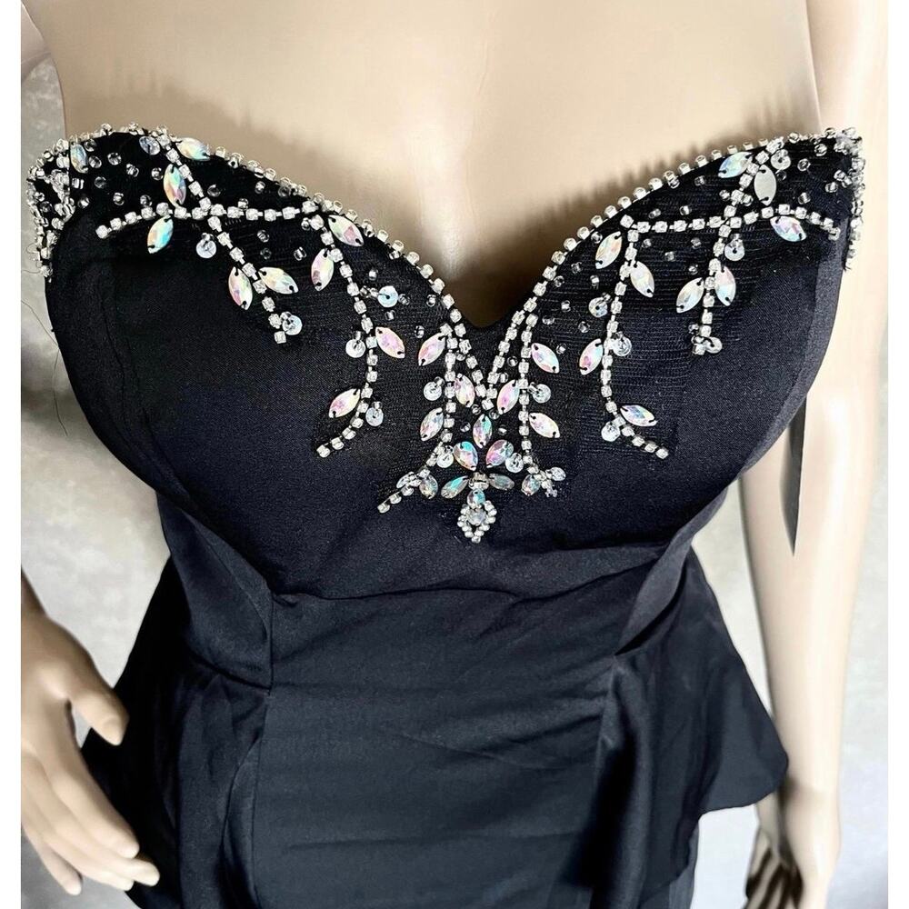 NWT Viranski Dancing Queen Black Beaded Strapless Sweetheart Peplum Mermaid Gown - Picture 5 of 9